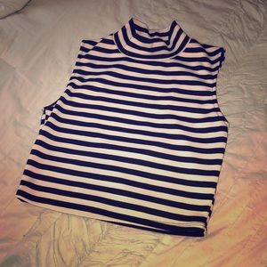 Striped High Neck Open Back Crop Top